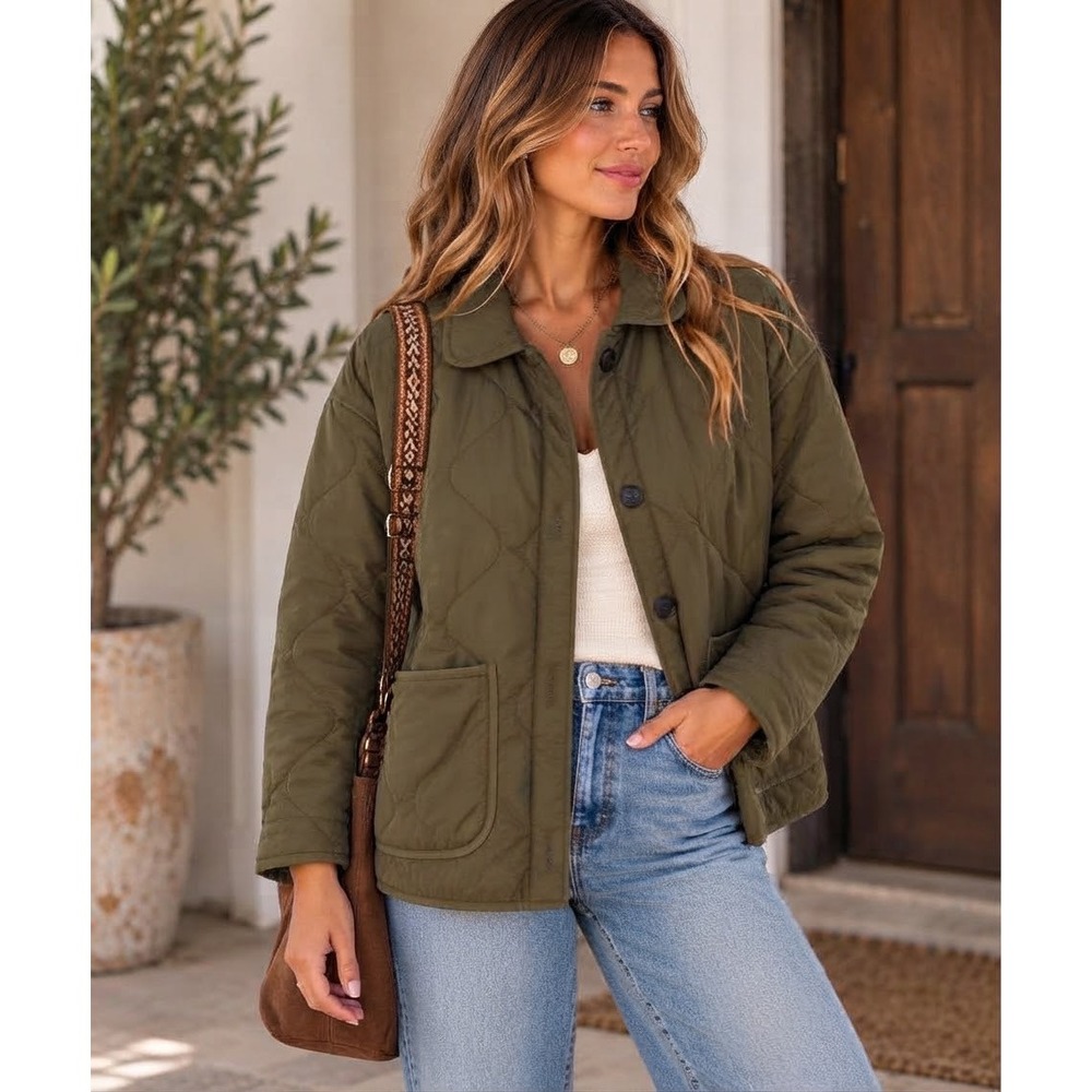 Old Navy Womens Olive Green Diamond Quilted Button Front Utility Liner Jacket M